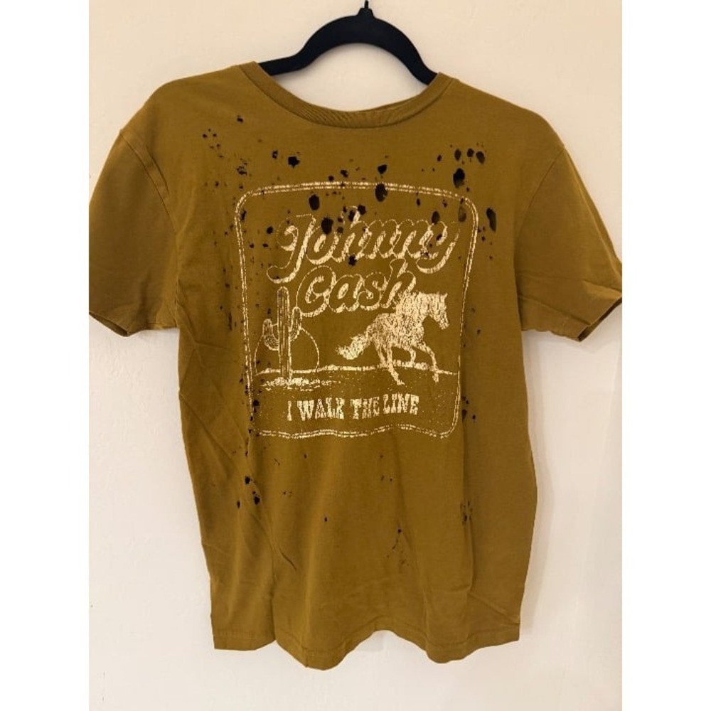 Johnny Cash I Walk The Line Distressed Graphic Tee Mustard Yellow Small NWT